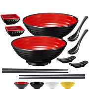 Unbreakable Ramen Bowl Set with Chopsticks and Spoon: 2 Set, Red & Black