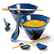 Japanese Ramen Noodle Bowls with Chopsticks and Spoons Set of 2 20oz, Blue A2